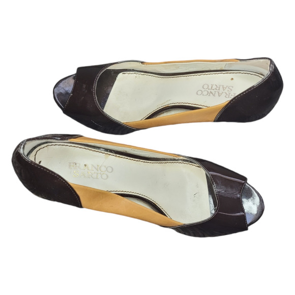 Franco Sarto Two Tone Patent Leather Pumps Size 9 Peep Toe Kitten Heel Shoes - Picture 6 of 6